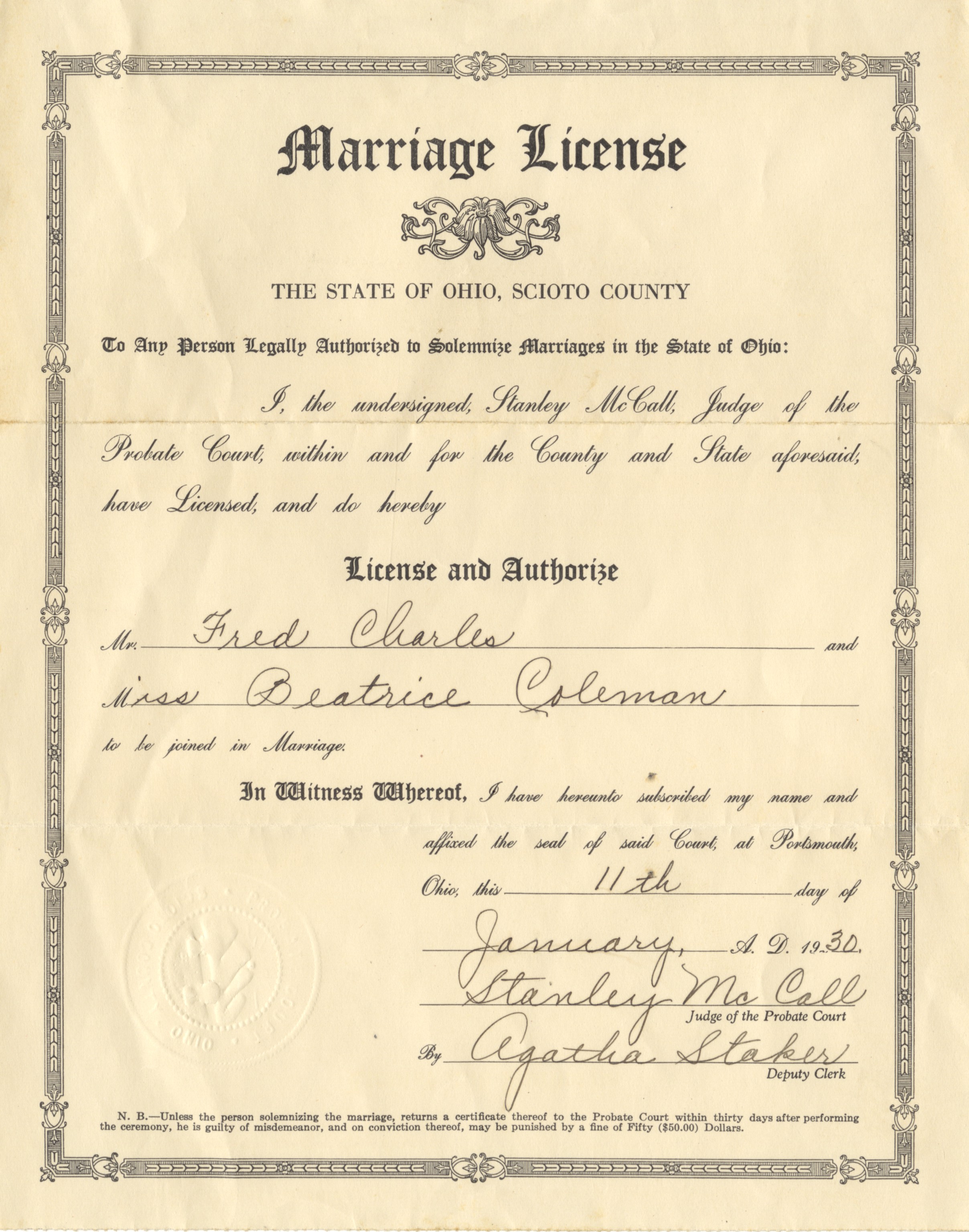 Marriage License · Local History Digital Collection