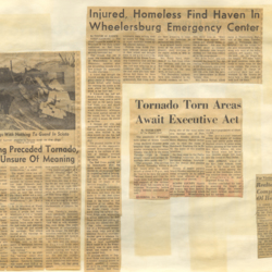 Newspaper articles and photos of the tornado aftermath 