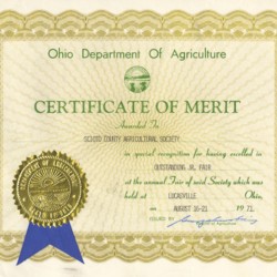1971 OH Dept. of Agriculture Cert. of Merit to Scioto Co. Agricultural- excellent Jr. Fair Soc. Aug. 16-21.jpg