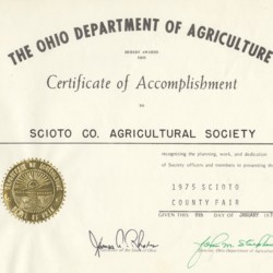 1975 OH Dept. of Agriculture Certificate of Accomplishment to Scioto Co. Agricultural Society Dated Jan. 8, 1976.jpg