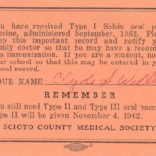 Scioto County Medical Society record of Type I Sabin Oral Polio Vaccine Administered