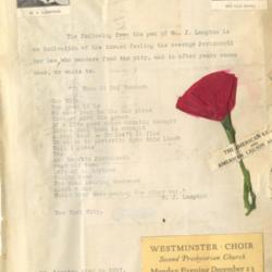 W. J. Lampton; &quot;His Old Home;&quot; Ticket for the Westminster Choir at the Second Presbyterian Church; Paper Rose from the American Legion Auxiliary. 