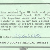 Scioto County Medical Society record of Type III Sabin Oral Polio Vaccine Administered